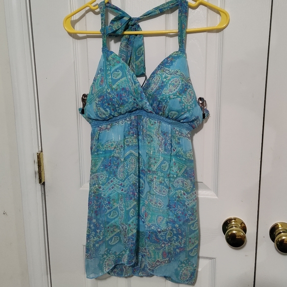 Vintage Jordache Juniors' Blue Paisley Metallic Tie Neck Bra Tank- Size XL 15/17 - Picture 3 of 12